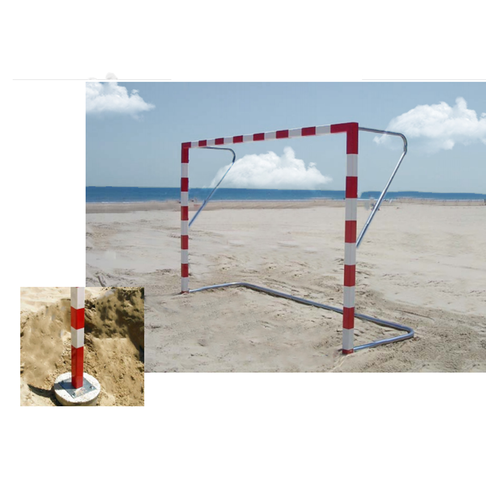 juego de 2 porterías balonmano playa aluminio con pletina de amarre y arquillos y base galvanizada JUEGO DE 2 PORTERÍAS BALONMANO PLAYA ALUMINIO CON PLETINA DE AMARRE Y ARQUILLOS Y BASE GALVANIZADA